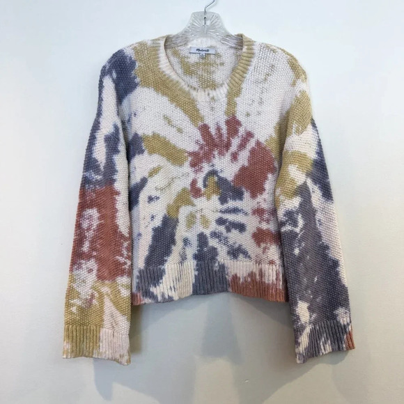 Madewell Cotton Waffle Knit Tie Dye Crew Neck Bell Sleeve Oversized Sweater XS - Picture 2 of 6
